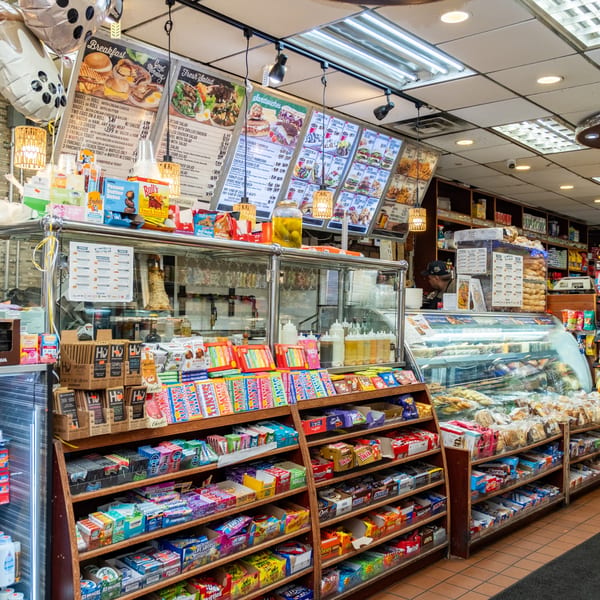 A brightly lit deli interior with shelves of snacks, a display case of pastries, and menu boards.